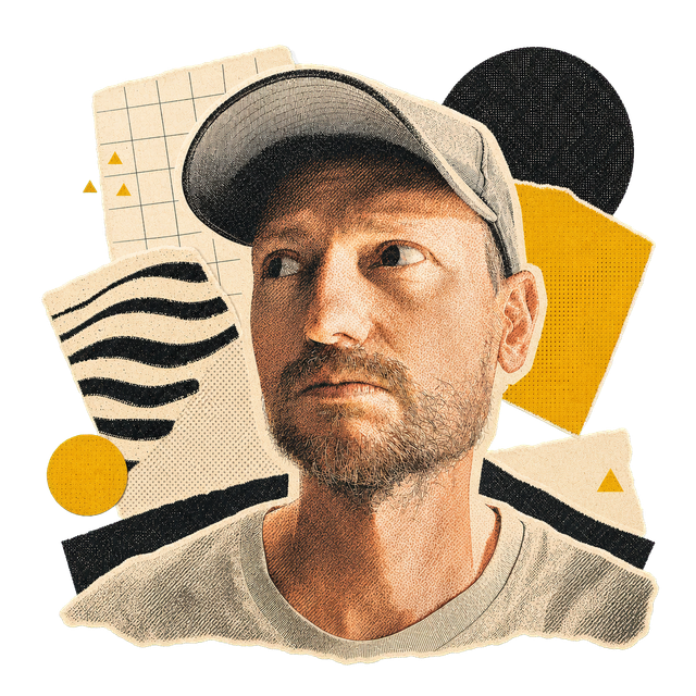 Editorial collage portrait of Ricky Sullivan wearing a cap, rendered in cream paper, black ink, halftone texture, and RURU yellow accents.