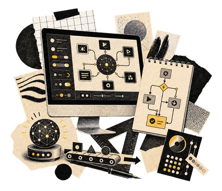 Illustrated collage of an AI automation workspace featuring a desktop interface with a visual workflow builder, interconnected app icons, a notebook showing a flowchart, and abstract design elements in black, cream, and gold, symbolizing AI orchestration, automation, and system integration.