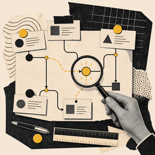 Abstract collage of connected workflow cards and a magnifying glass inspecting a process.