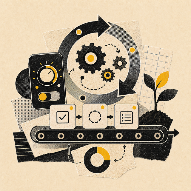 Abstract collage of task cards moving through a looping workflow beside gears, controls, and a growing plant.