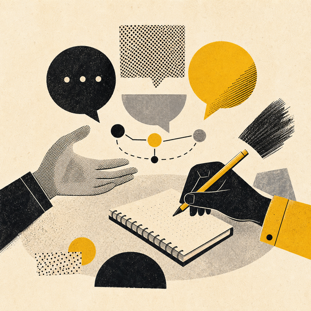 Abstract collage of two hands, a notebook, and connected speech bubbles representing a discovery conversation.